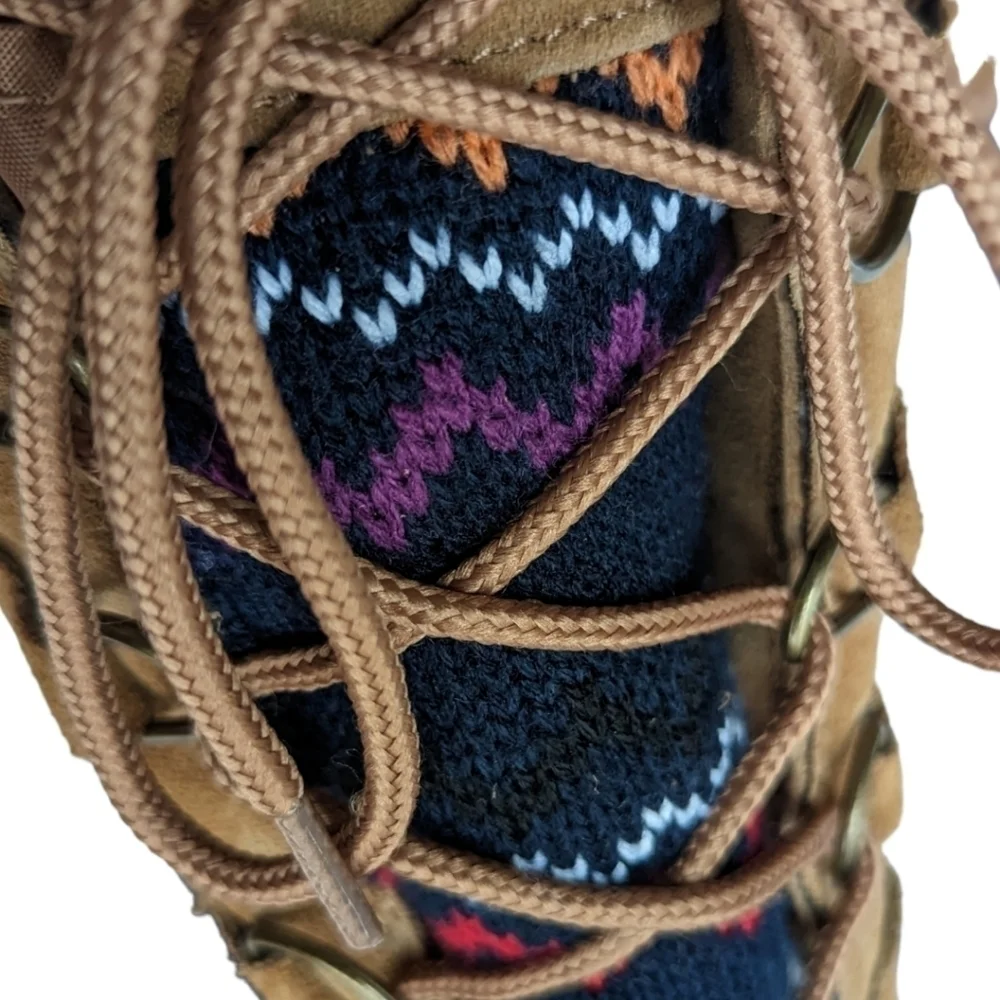 Khombu Vail Women's Blue Rubber Tan Suede Snow Duck Boots Colorful Knit Accent 6